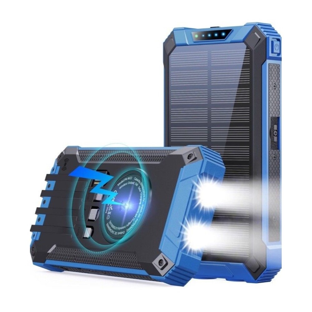 Blue Solar Power Bank 36000mAh Built-in 4 Cables Qi Wireless Charger Sealed Box